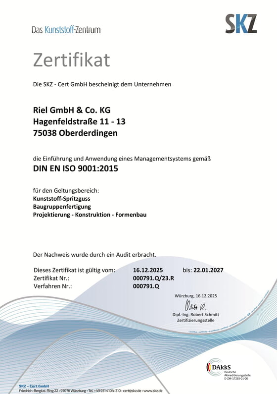 RIEL Qualitätszertifikat ISO 9001:2015